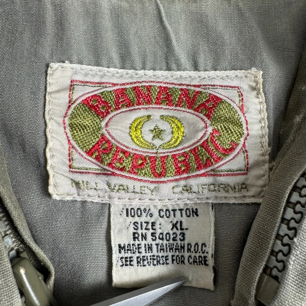 Vtg Banana Republic Safari Vest Mens XL Khaki Zip Hood Utility Fishing Cotton